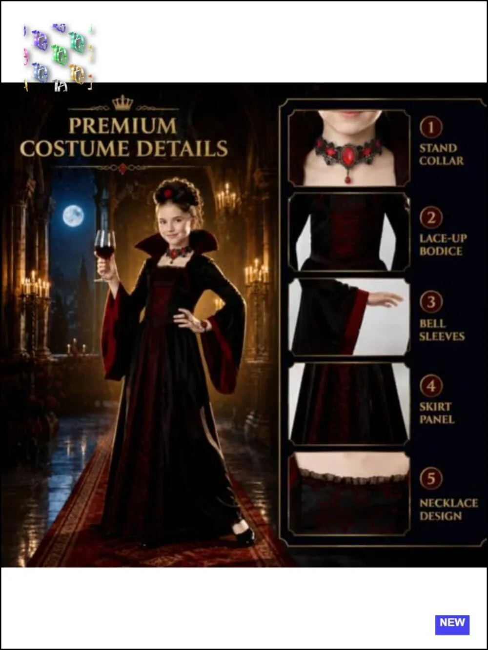Girls Vampire Princess Dress Costume Halloween with Accessories Ages 3-12